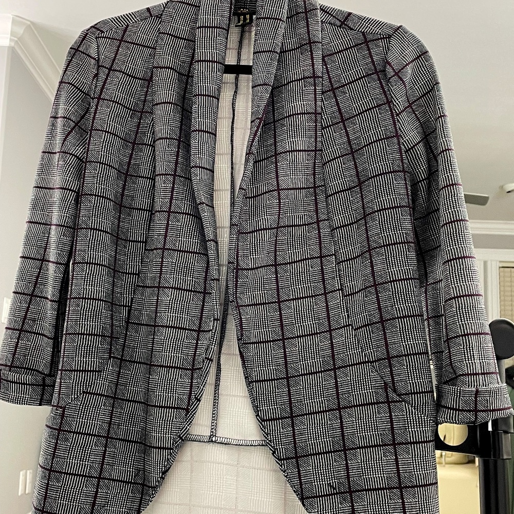 NWOT Dark grey short sleeve blazer with purple stripes